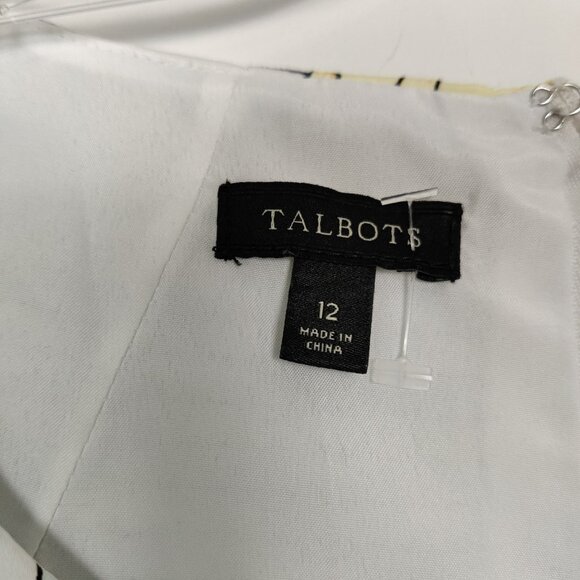Talbots Women's Dress Sz 12 White Blue Striped Yellow Floral Cotton Pleats Lined - Picture 2 of 9